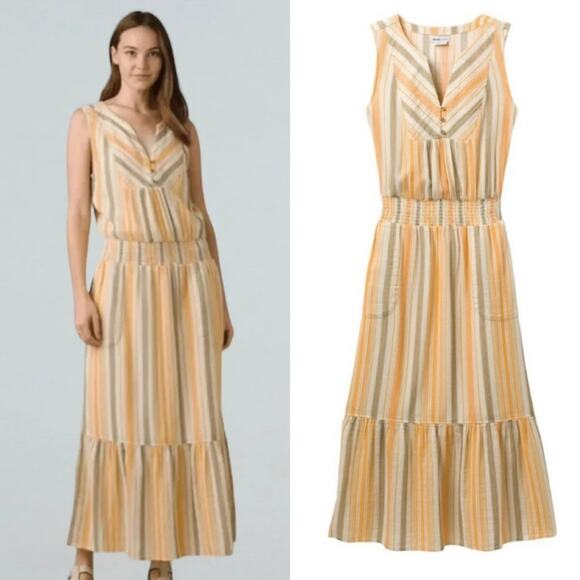 PRANA California Dreaming Maxi Dress In Golden Hour Stripe Pockets Cotton Sz XS - Picture 11 of 12